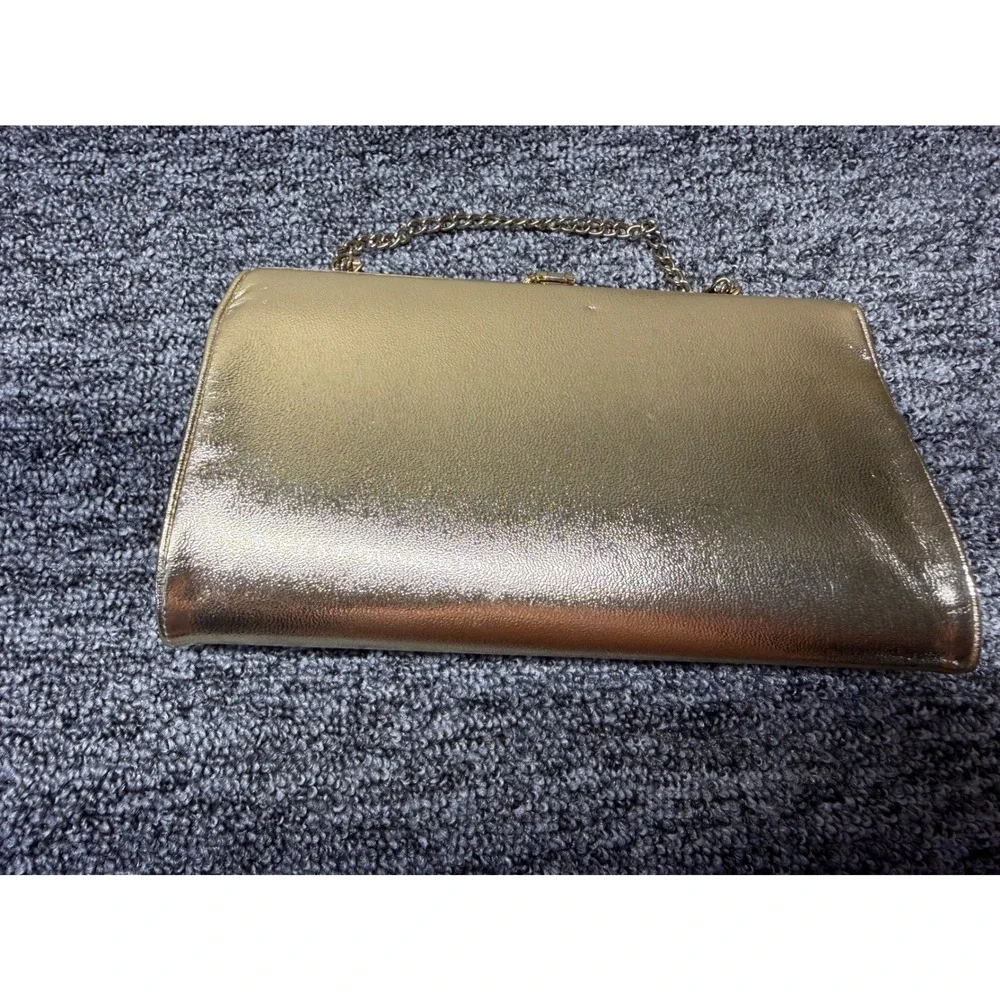 Vintage Gold Metallic Evening Clutch‎ Bag Rhinestone Leaf Clasp Chain Strap Glam